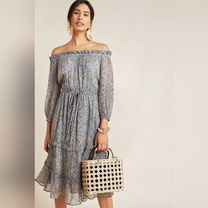 Anthropologie Kira Blue Yellow Off Shoulder Floral Peasant Dress Women Size 4